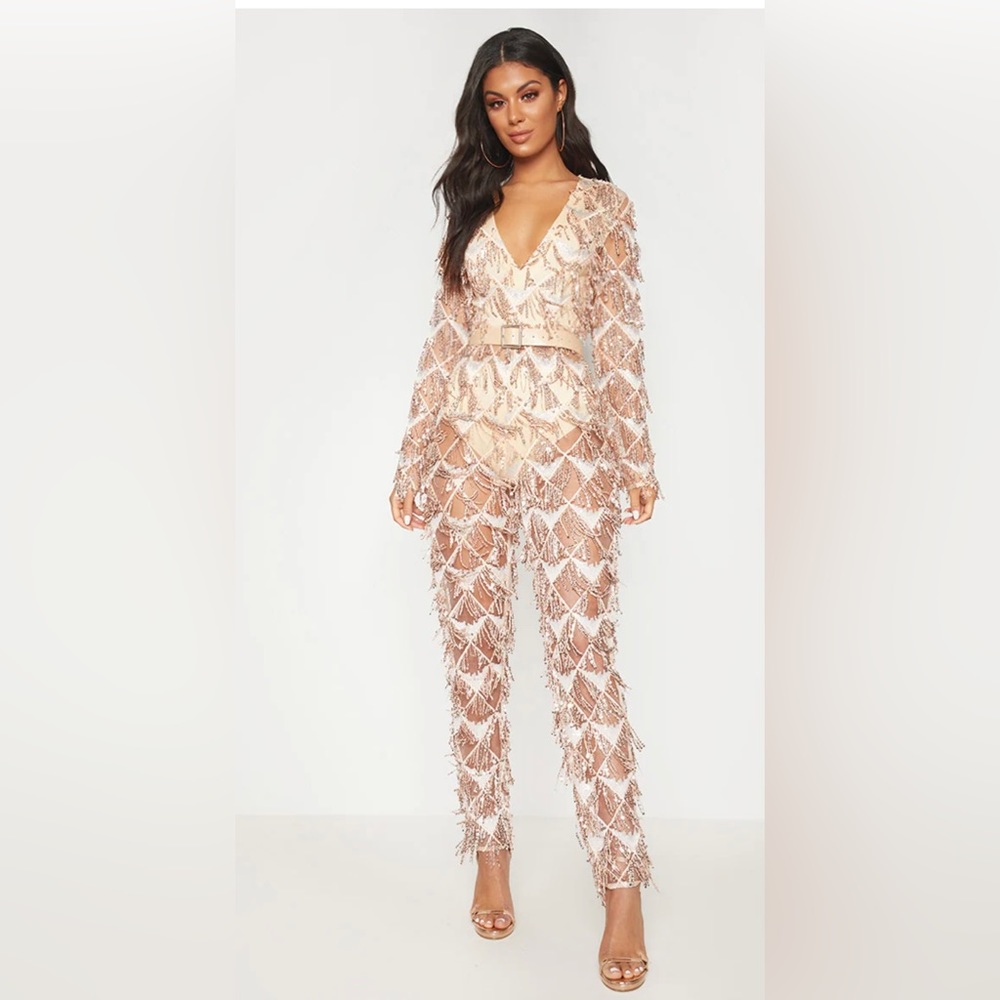 Pretty Little Thing Rose Gold Sequin Tassel Jumpsuit Size 12 US